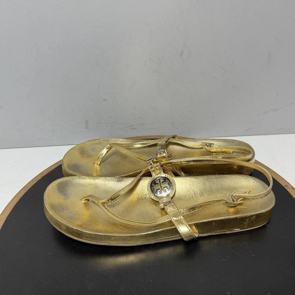 Tory Burch Sandals Womens Size 11 Gold Leather Thong Slingback Logo Casual